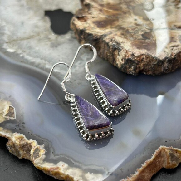 Sterling Silver Southwestern Style Triangle Charoite Dangle Earrings For Women - Picture 4 of 10